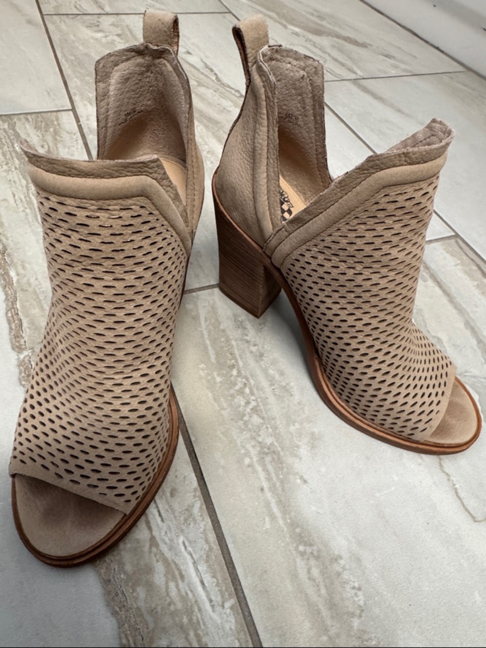 Vince Camuto Taupe Perforated Peep-Toe Block Heel Booties